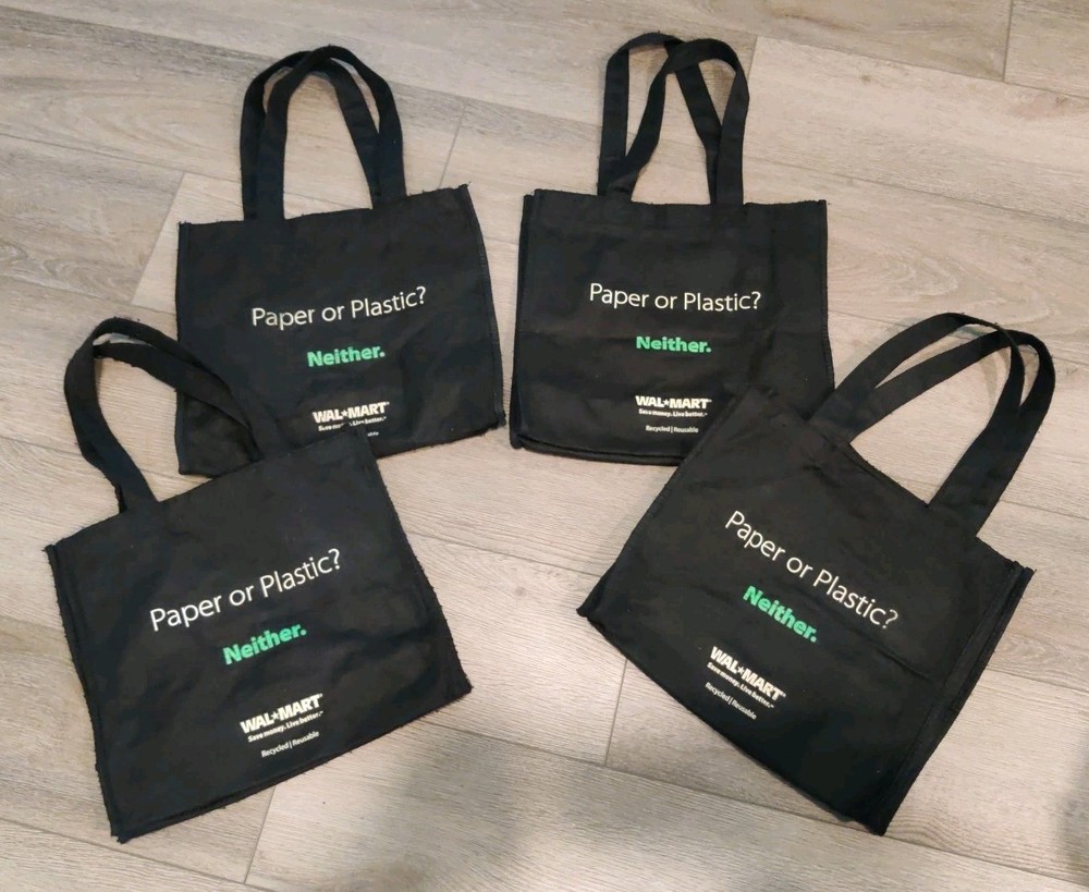 Lot/4 Vtg Walmart Paper Plastic Neither Reusable Tote Shopping Bag 14x13x7 Black