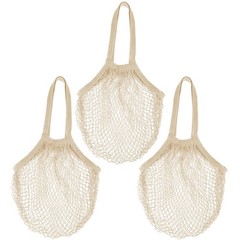 3 PCS Cotton Mesh Grocery Bags Reusable Net Tote Long Handle Washable Beige