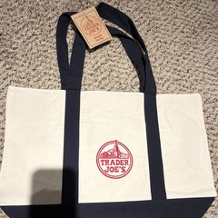 Trader Joe’s Canvas Reusable Shopping Tote Bag Beige/Navy Logo 20x14x6 in