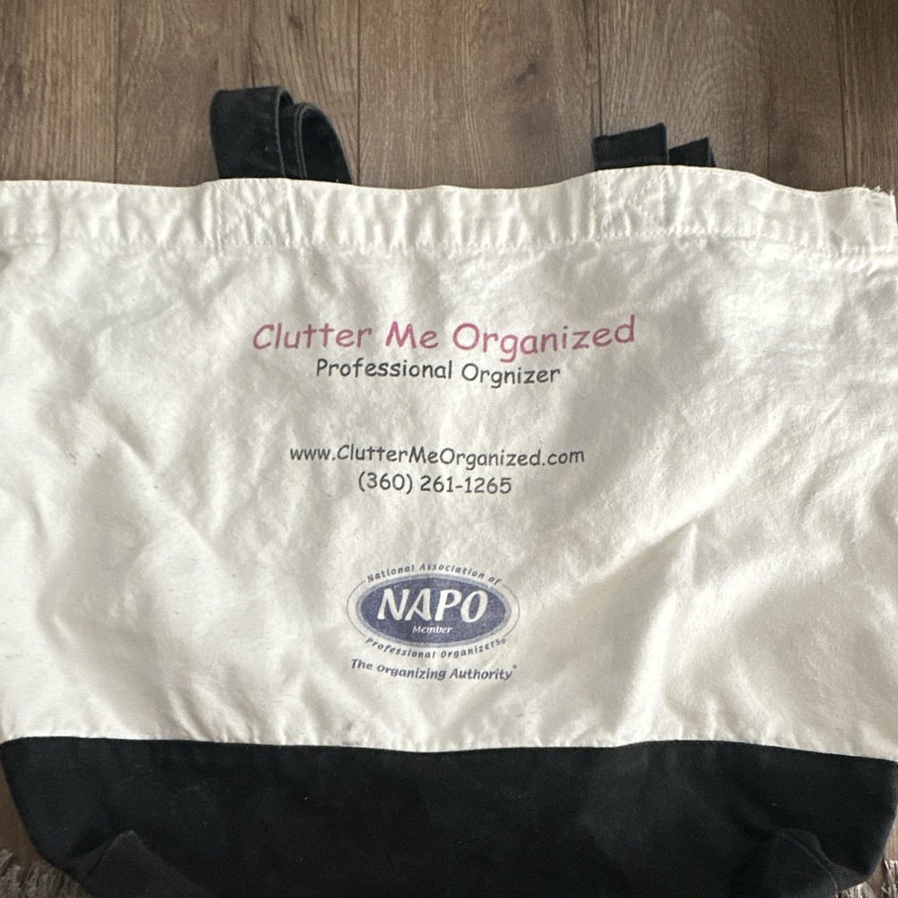 Clutter Me Organized Logo Reusable Tote Bag White/Black 9x 6×14 in Used