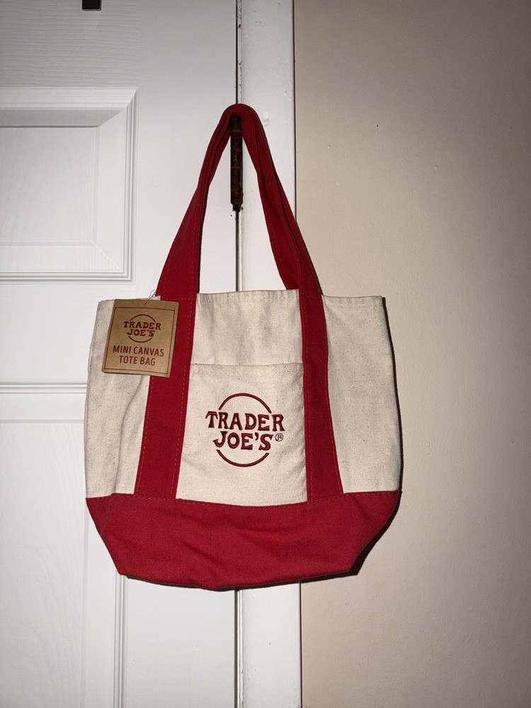 Trader Joe’s Mini Canvas Tote Bag Small Red Beige Foldable Colorblock