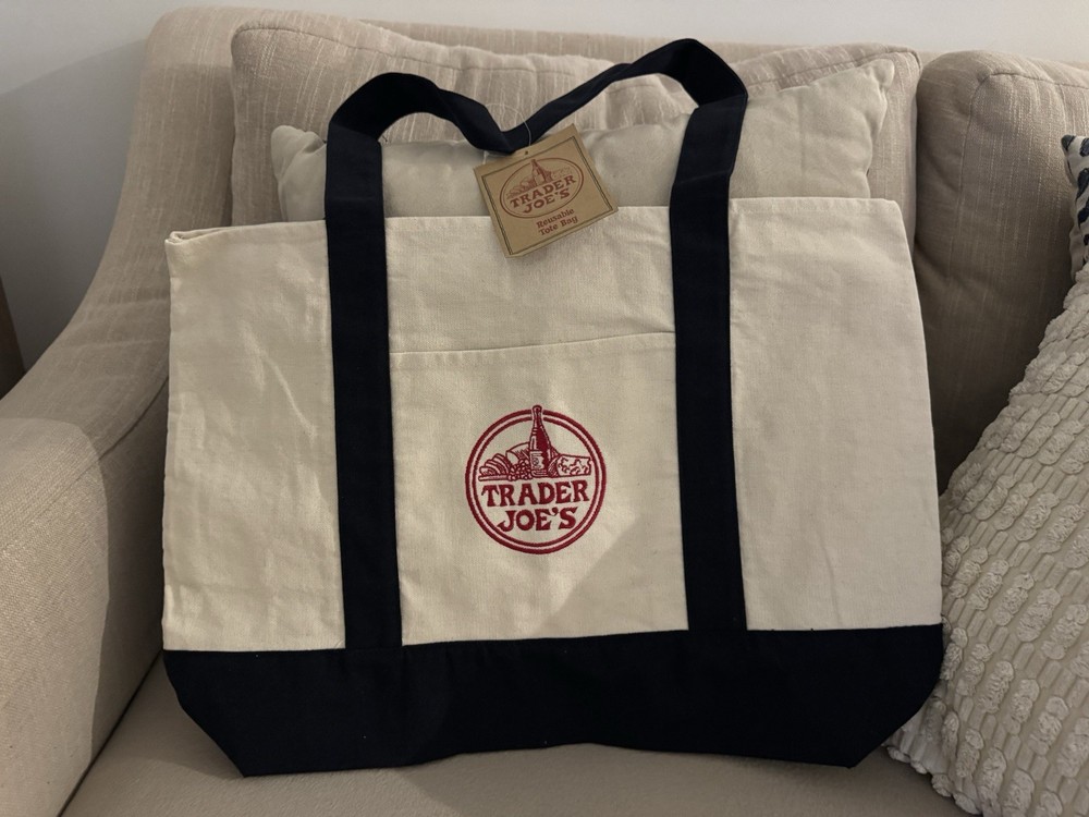 Trader Joe’s Reusable Foldable Tote Bag Beige navy blue collective
