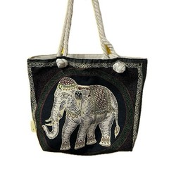 Canvas Animal Print Tote Bag Black Beige Multicolor Rope Handles Zippered Pocket