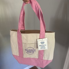 Trader Joe’s Foldable Mini Pastel Canvas Tote Bag Pink Beige Small Colour Block