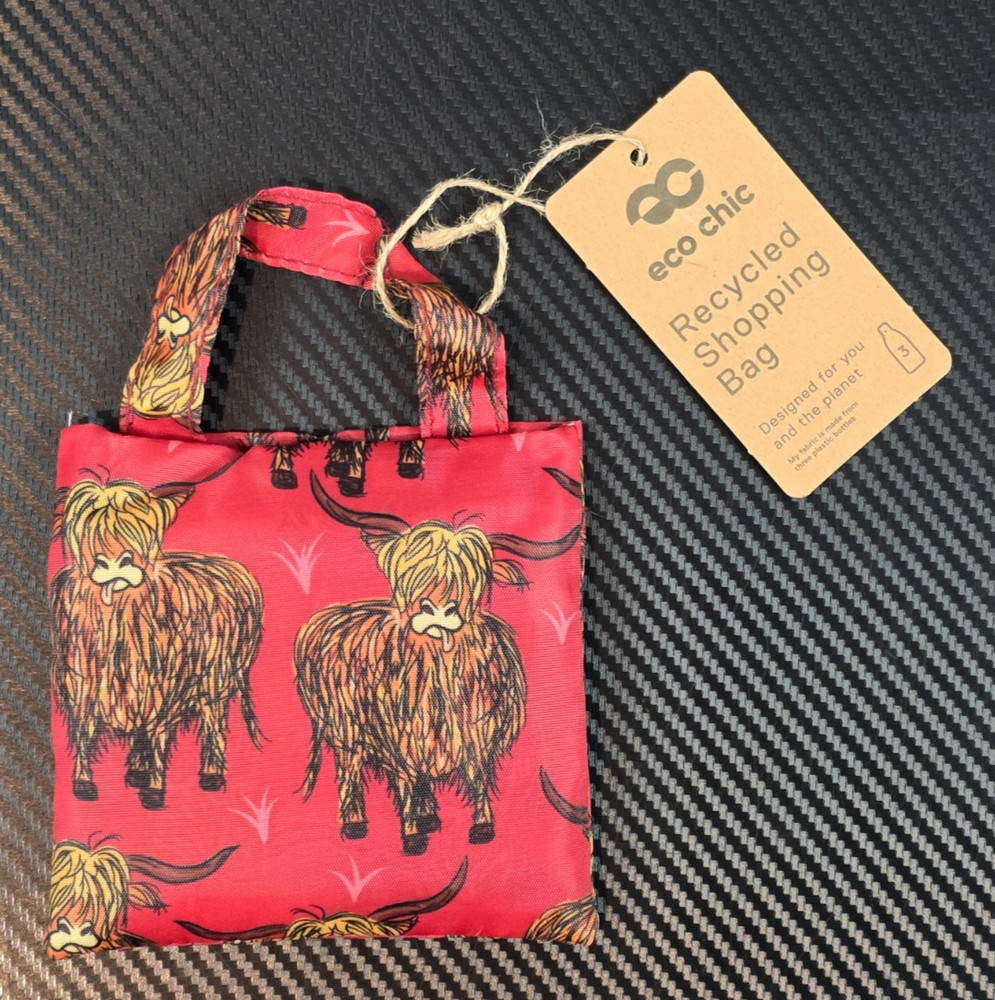 Eco Chic Lightweight Foldable Reusable Shopping Bag Highland Cow Red