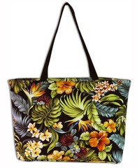 Hawaiian Canvas Beach Black Tote Tropical Hawaii Shop Bag Handbag Travel Large N