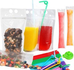 100Pcs double zip pouches drink Bags with 100 Straws,&30 100 PCS, 100 Pack