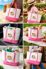 Horizon Design Classic Carry-All Tote Bag Foldable Canvas Red Pink White Pattern