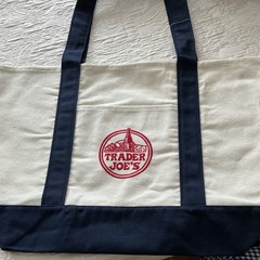 Trader Joe’s Canvas Foldable Tote Bag Beige Navy Blue Solid Reusable Shopping