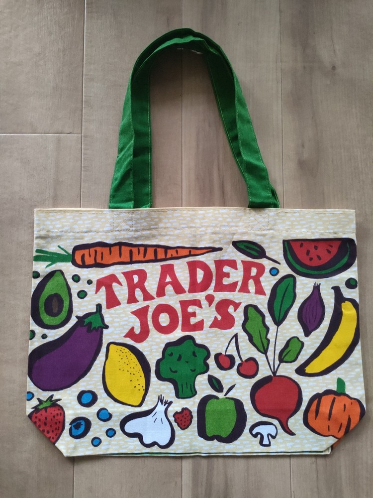Trader Joe’s Vintage Vegetable Print Canvas Tote Bag Green Handles Grocery Bag