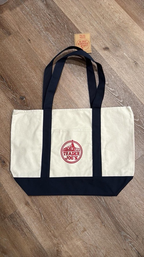 NEW Large Trader Joe’s Canvas Tote Bag – WHITE & BLUE