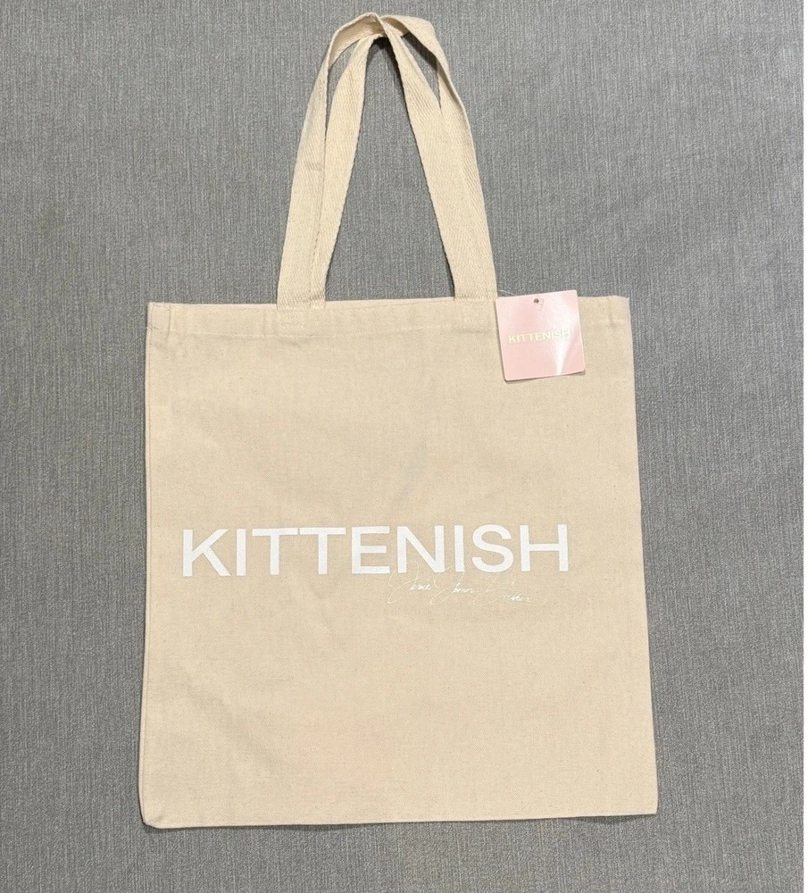 Kittenish Beige Canvas Foldable Reusable Shopping Bag Medium Text Pattern