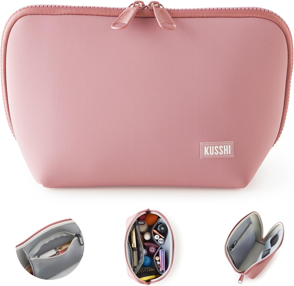 KUSSHI Neoprene Makeup Bag – Washable for Stress Free Mauve/Stone