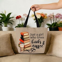 Just Love Books & Coffee Tote Bag Reusable Grocery Bags Cute Aesthetic Shoppi…
