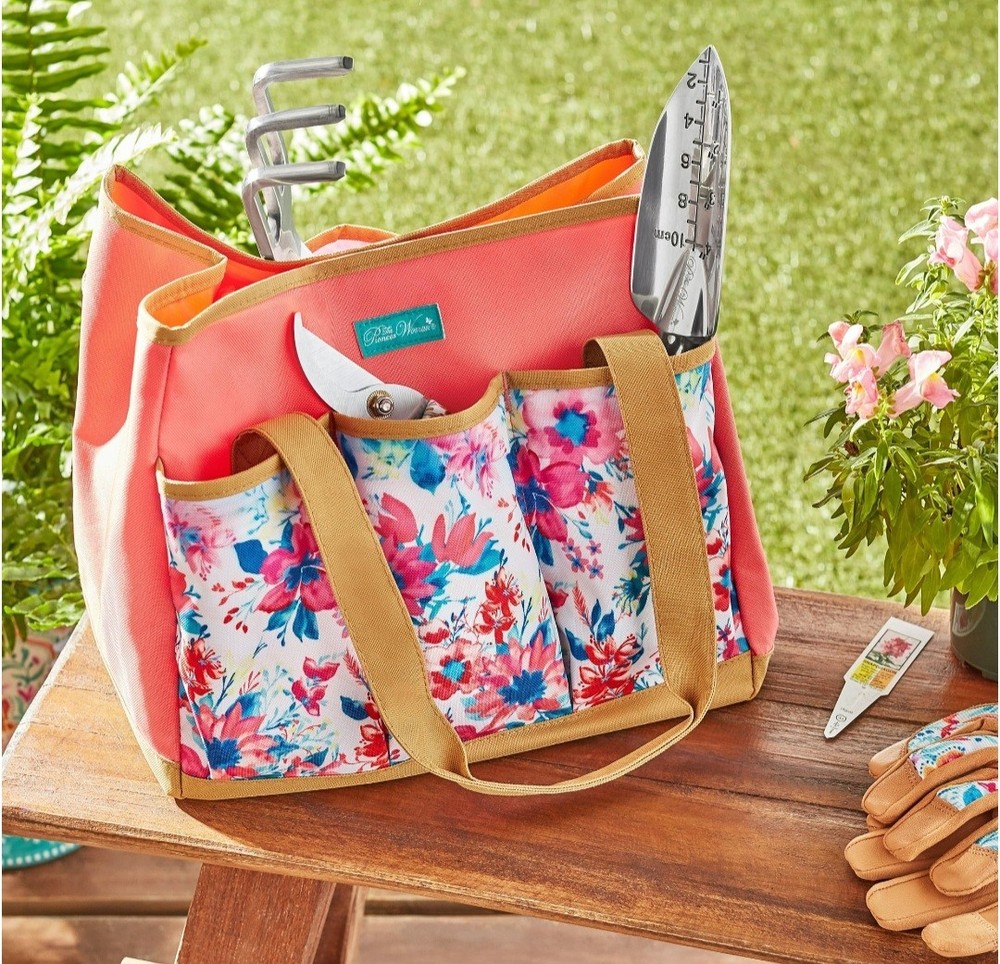 The Pioneer Woman Fresh Floral Garden Tote Bag with Pockets for Storing Tools