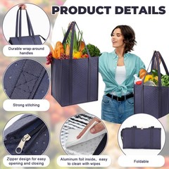 3 Pcs XL-large Cooler Insulated Reusable Grocery Bags with Zippered Top & Han…