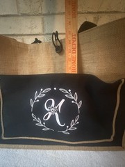 Large Burlap Canvas Tote Bag, Foldable, Brown Black Floral Monogram ‘K’