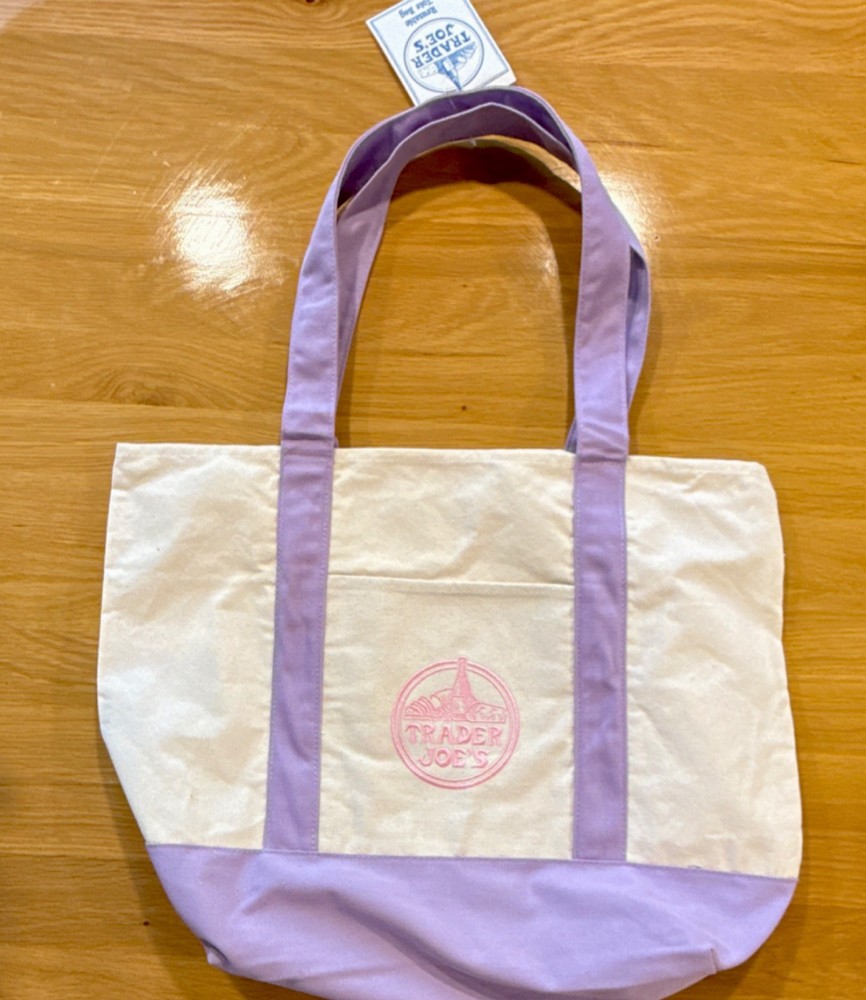 Trader Joe’s Canvas Tote Bag Foldable Colorblock Purple White Shopping
