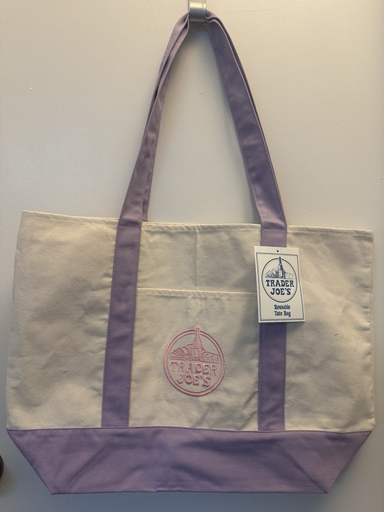 Trader Joe’s Beige and Purple Canvas Reusable Tote Bag Foldable Solid Plain