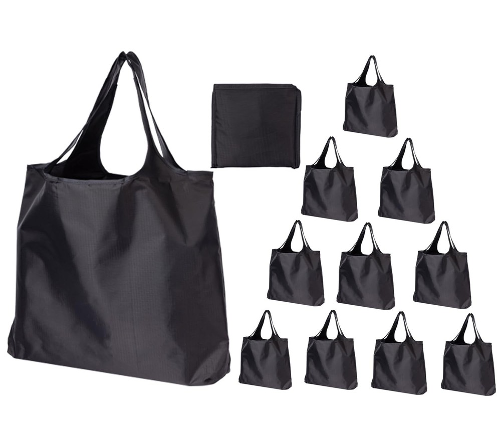 10 PCS Reusable Grocery Bags 45LBS Waterproof Ripstop Shopping Tote Black