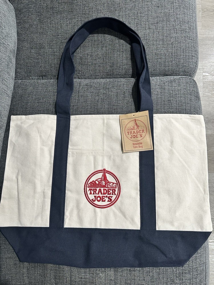 Trader Joe’s Reusable Foldable Canvas Shopping Tote Bag Beige Navy Blue Logo