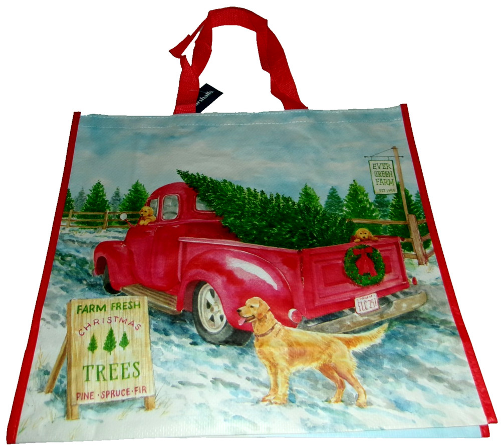 CHRISTMAS~Reusable Tote Bag~20″ X 18″ X 8″ FARM FRESH TREES/VINTAGE RED TRUCK