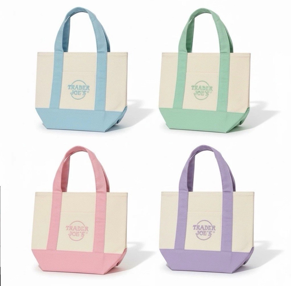 Trader Joe’s Mini Pastel Canvas Tote Bags Set of 4 Blue Pink Purple Green NEW