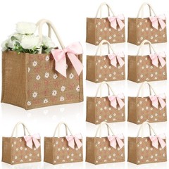 12 Pcs 9×6.3×5.1 inch Burlap Tote Bag with Pink Ribbon Bow Coquette Daisy