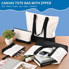 2 Pcs Canvas Tote Bags Bulk and Makeup Pouches Set, 12oz Cotton Reusable Zipp…