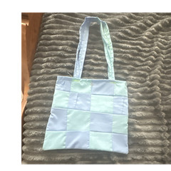 Handmade Colorblock Foldable Fabric Reusable Shopping Bag Light Blue Light Green