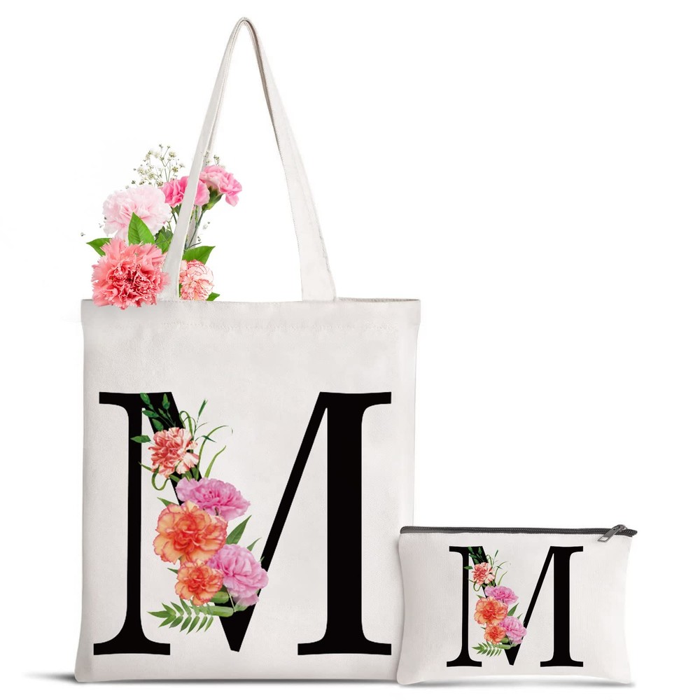Personalized Initial Canvas Tote Bag Letter Makeup Bag Monogrammed Present Ba…
