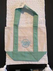 Trader Joe’s Mini Foldable Canvas Reusable Shopping Bag Beige Green All-Over