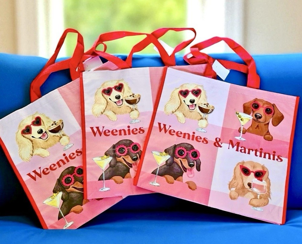 THREE Weenies & Martinis Dachshund Reusable Tote Shopping Bags Homegoods NEW