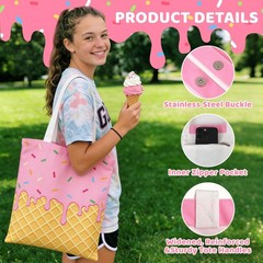 3 Pcs Ice Cream Canvas Tote Bag, Reusable Grocery Shopping Bag, Cute Shoulder…
