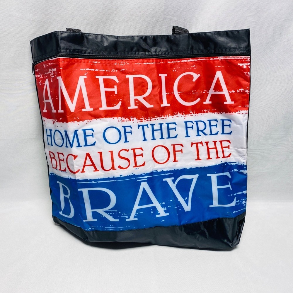 Patriotic Reusable Tote Bag With “America Home Of The Free” Red White Blue