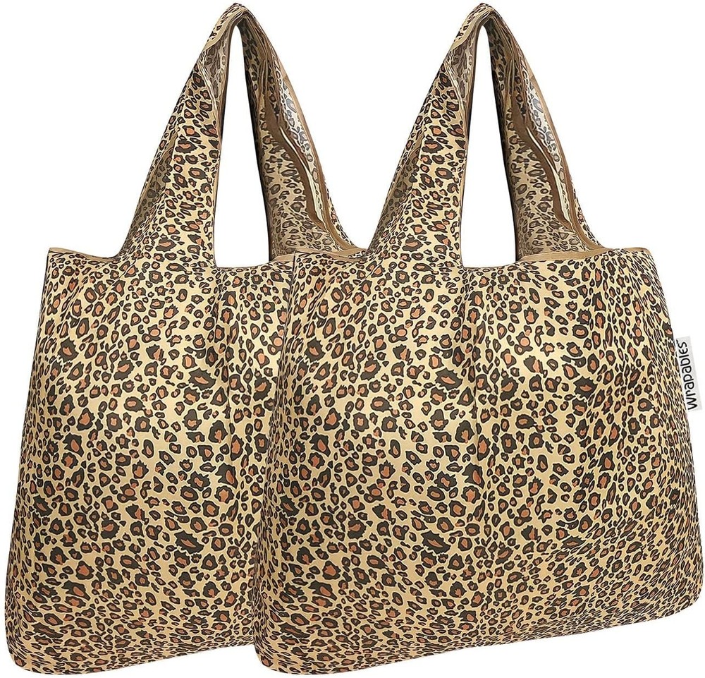 Foldable Tote Nylon Reusable Grocery Bag Set of 2 Leopard Print