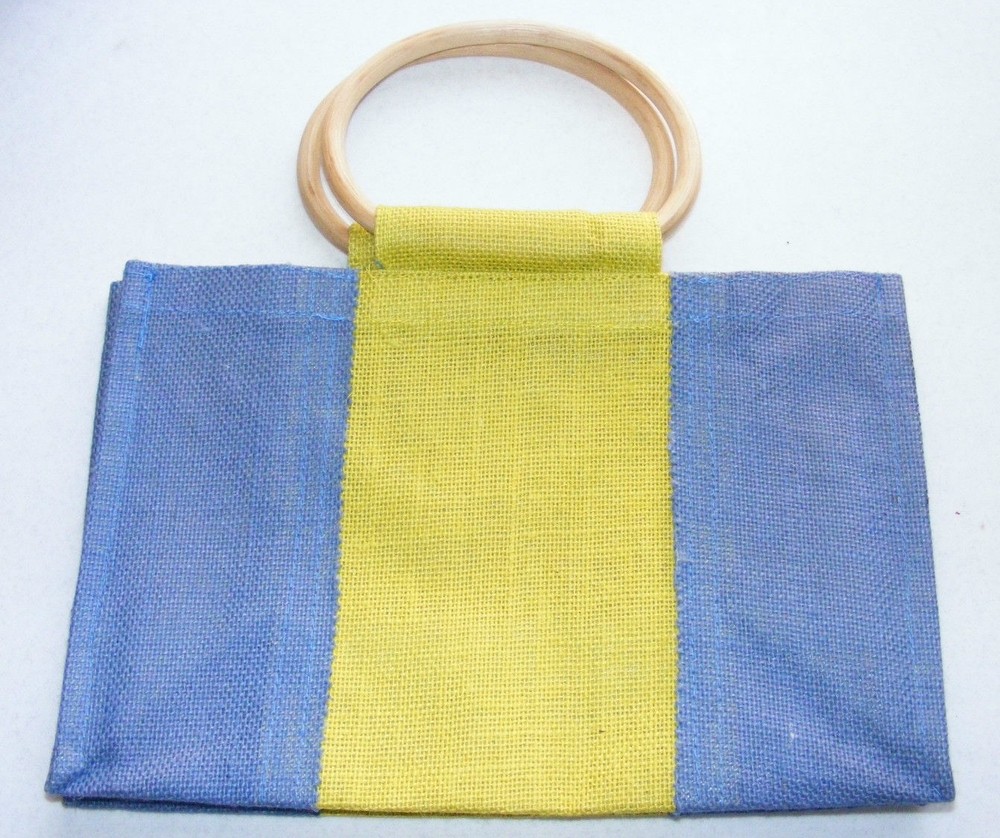 Small Burlap Tote bag w/ wood handles knitting, crochet project shopping bag