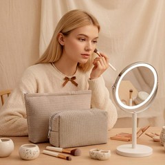Gilprop 2 Pcs Waffle Makeup Bag Khaki Travel Cosmetic Plaid