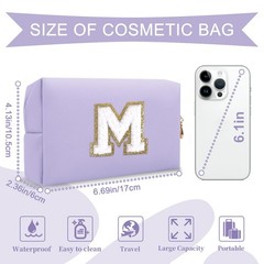 Personalized Makeup Bag Initial A-Z Preppy Patch M, Purple,White-Letter