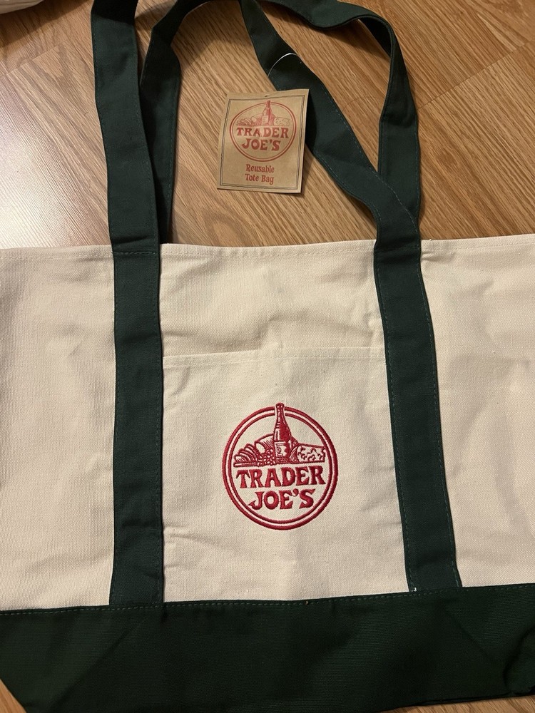 Trader Joe’s Foldable Reusable Canvas Shopping Tote Bag Green White Solid Plain