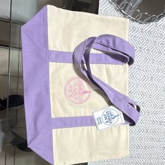 Trader Joe’s Foldable Canvas Reusable Shopping Bag Beige Purple Color Block
