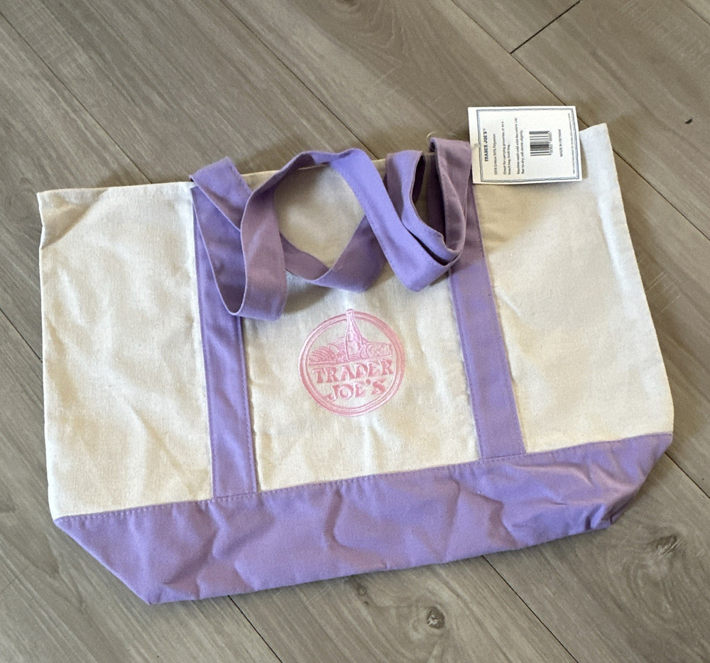 Trader Joe’s Canvas Large Reusable Tote Bag Beige/Purple 20x15x6 45qt