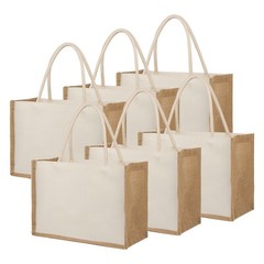 6 PCS Cotton Canvas Tote Bags with Burlap Sides, Reusable Grocery Shopping Bag