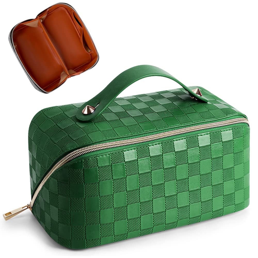 Cessfle Large Capacity Travel Cosmetic Bag Plaid Checkered Makeup 01-Green