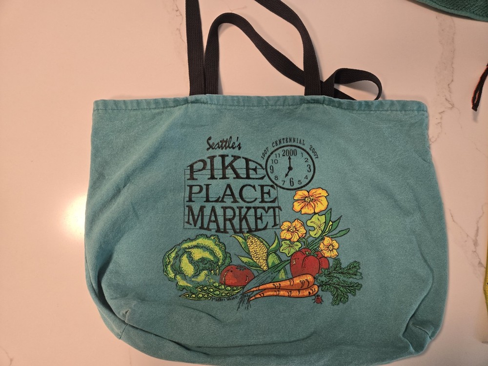 Seattle’s Pike Place Market Shopping Bag Tote Y2K Teal Canvas