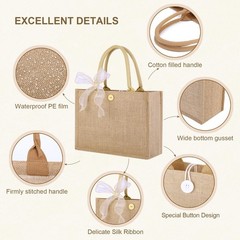 10 PCS Burlap Tote Bag Set Handles Reusable Grocery Ribbon 13×9.5×4.7 Inch