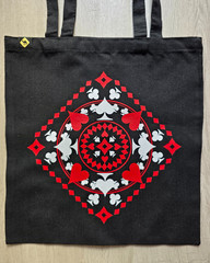 Black Cotton Durable Large Tote Bag with Red and White Playing Cards Print