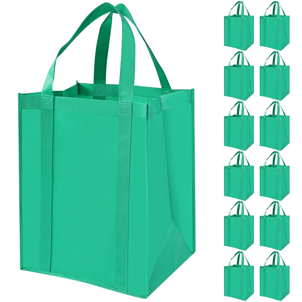 12 PCS Heavy Duty Reusable Grocery Bag Shopping Tote Reinforced Handle Green