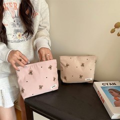 RSRSLEII Corduroy Travel Makeup Bag with Bear Pattern, Cosmetic 01Pink