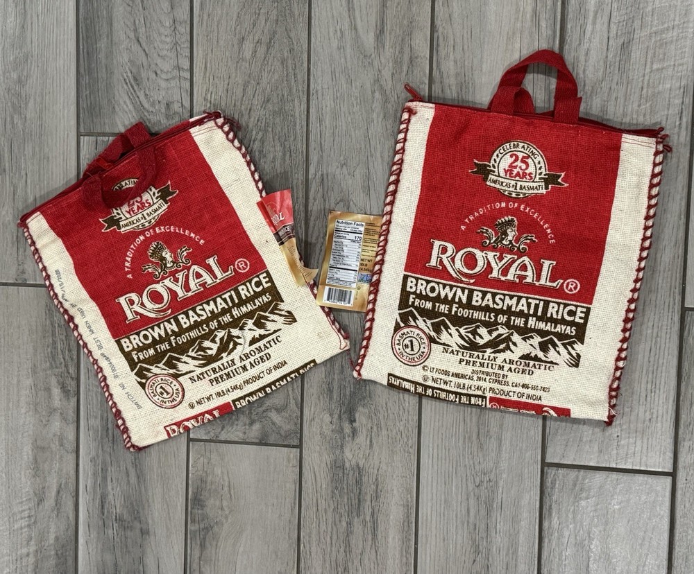 Royal Brown Basmati Rice 10lb Burlap Reusable Zip Tote Bags 2 Pack Red/Natural